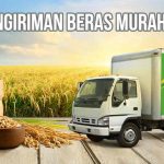 Karung berisi beras, mangkuk berisi padi, dengan truk berstiker Deliveree di sampingnya, dan latar belakang sawah sebagai ilustrasi “Jasa Pengiriman Beras”.