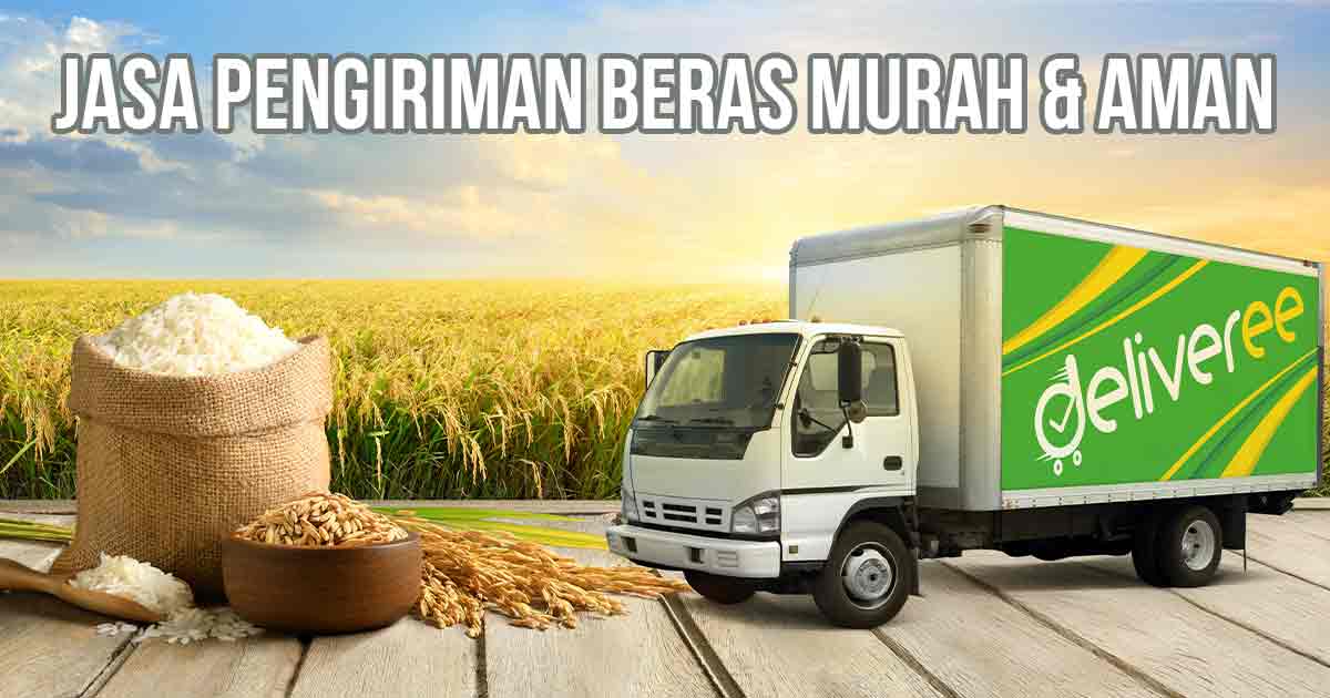 Karung berisi beras, mangkuk berisi padi, dengan truk berstiker Deliveree di sampingnya, dan latar belakang sawah sebagai ilustrasi “Jasa Pengiriman Beras”.