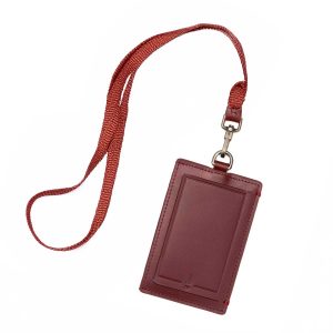 Lanyard kulit elegan berwarna merah marun untuk kartu identitas kerja.