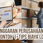 Seseorang mengetik di laptop yang menampilkan grafik keuangan dan wanita berdiri di gudang sebagai ilustrasi “Cara Atur Anggaran Perusahaan & Hemat Biaya Logistik”