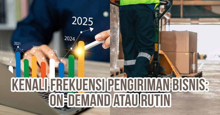 Grafik pertumbuhan tahunan dan petugas logistik mendorong palet berisi kotak paket sebagai ilustrasi “Kenali Frekuensi Pengiriman Bisnis: On-Demand atau Rutin”