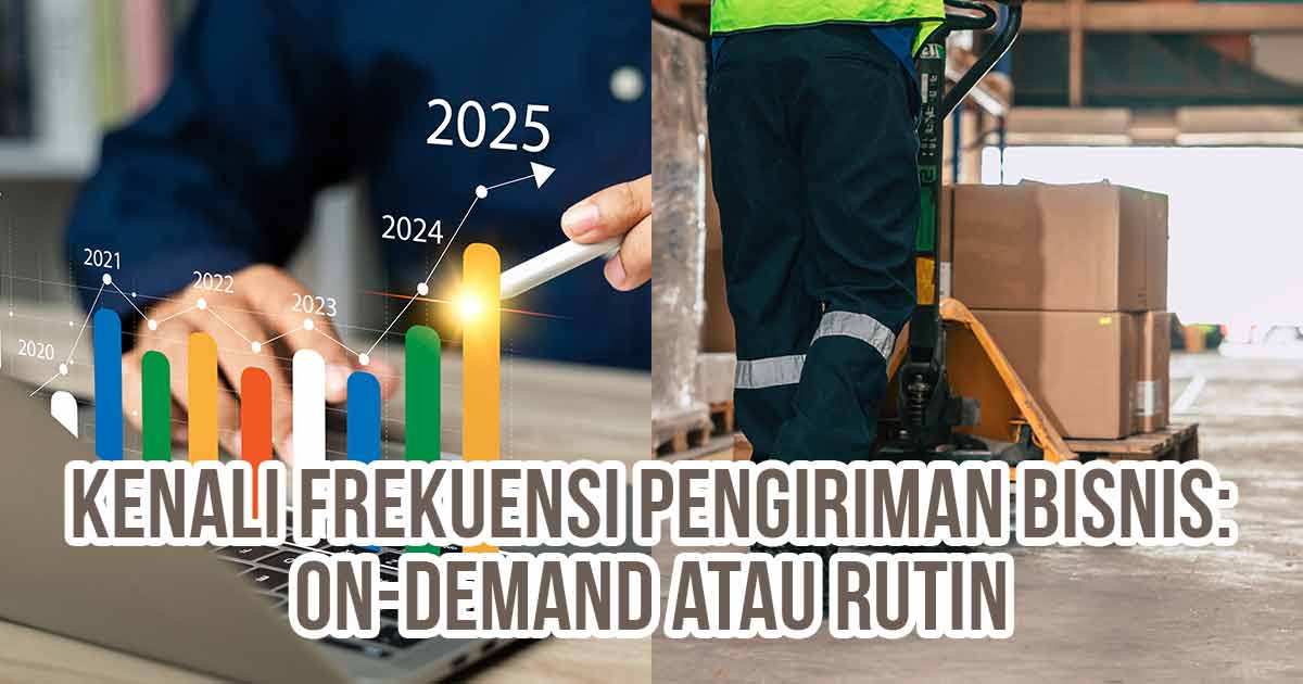 Grafik pertumbuhan tahunan dan petugas logistik mendorong palet berisi kotak paket sebagai ilustrasi “Kenali Frekuensi Pengiriman Bisnis: On-Demand atau Rutin”