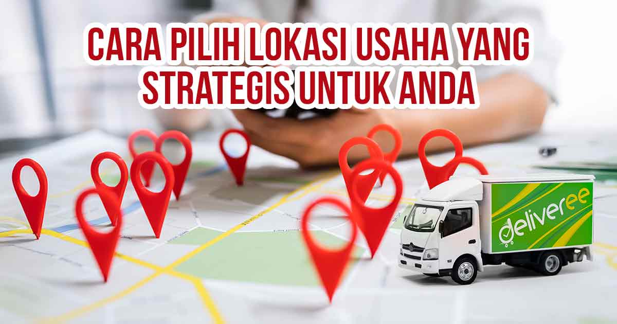 Peta dengan penanda lokasi merah dan truk ekspedisi di atasnya sebagai ilustrasi “15 Cara Pilih Lokasi Strategis untuk Bisnis Anda.”