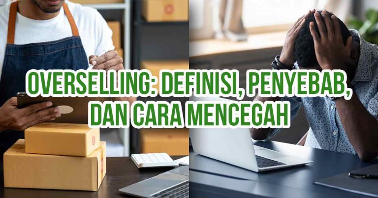 Seorang mencatat pesanan dengan tumpukan paket di mejanya dan seorang pria memegang kepala dengan ekspresi frustasi sebagai ilustrasi “Overselling: Definisi, Penyebab, dan Cara Mencegahnya.”