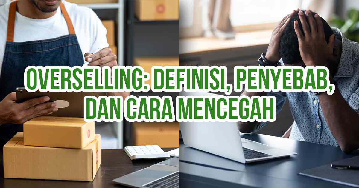 Seorang mencatat pesanan dengan tumpukan paket di mejanya dan seorang pria memegang kepala dengan ekspresi frustasi sebagai ilustrasi “Overselling: Definisi, Penyebab, dan Cara Mencegahnya.”