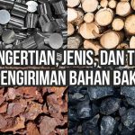 Kolase empat gambar bahan baku berupa logam potong, kayu gelondongan, batuan merah, dan batu bara hitam sebagai ilustrasi “Bahan Baku: Pengertian, Jenis, dan Tips Pengirimannya”