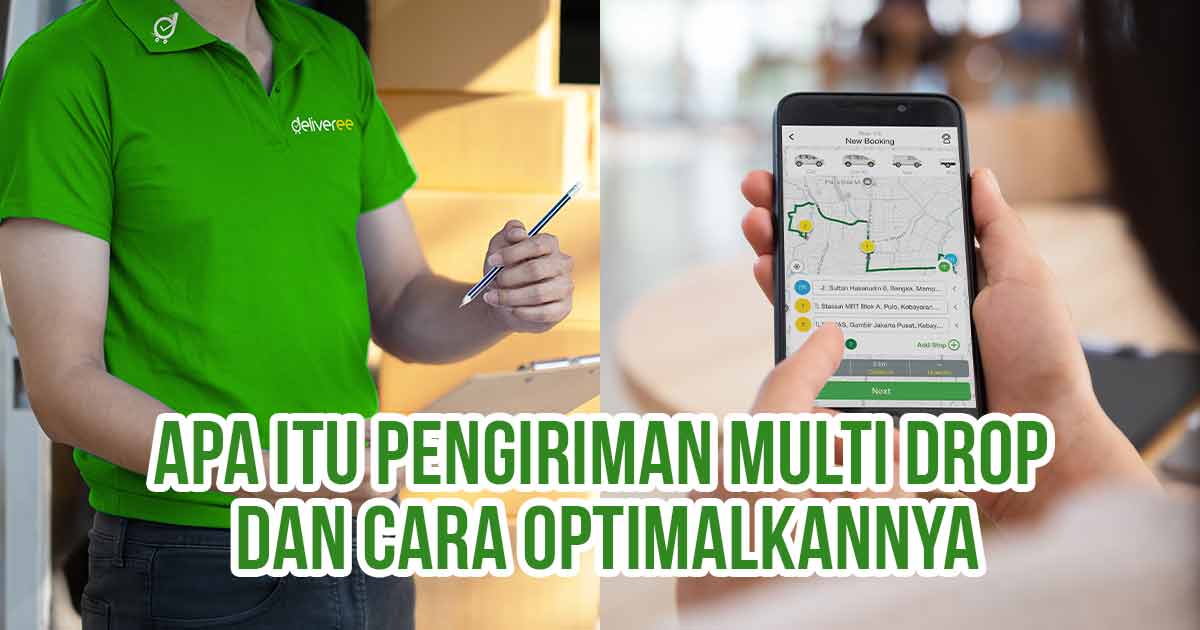 Petugas pengiriman mencatat pesanan di depan tumpukan kardus dan layar ponsel menampilkan peta rute multi drop sebagai ilustrasi “Apa Itu Pengiriman Multi Drop dan Cara Optimalkannya”
