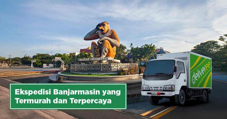 Patung Bekantan ikonik di Banjarmasin dan truk boks Deliveree sebagai ilustrasi “Ekspedisi Banjarmasin yang Termurah dan Terpercaya”