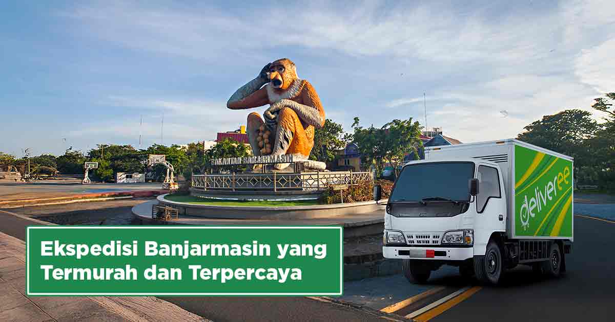 Patung Bekantan ikonik di Banjarmasin dan truk boks Deliveree sebagai ilustrasi “Ekspedisi Banjarmasin yang Termurah dan Terpercaya”