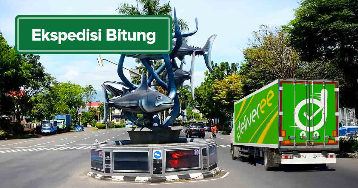 Tugu ikan cakalang khas bitung dan truk Deliveree sebagai ilustrasi “Ekspedisi Cargo Bitung Termurah, Cepat dan Terpercaya”