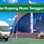 Gedung sasando di Kupang dan truk Deliveree sebagai ilustrasi “Ekspedisi Kupang Nusa Tenggara Timur Murah & Terpercaya”