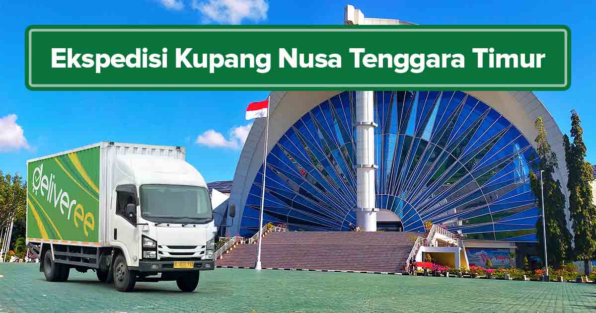 Gedung sasando di Kupang dan truk Deliveree sebagai ilustrasi “Ekspedisi Kupang Nusa Tenggara Timur Murah & Terpercaya”