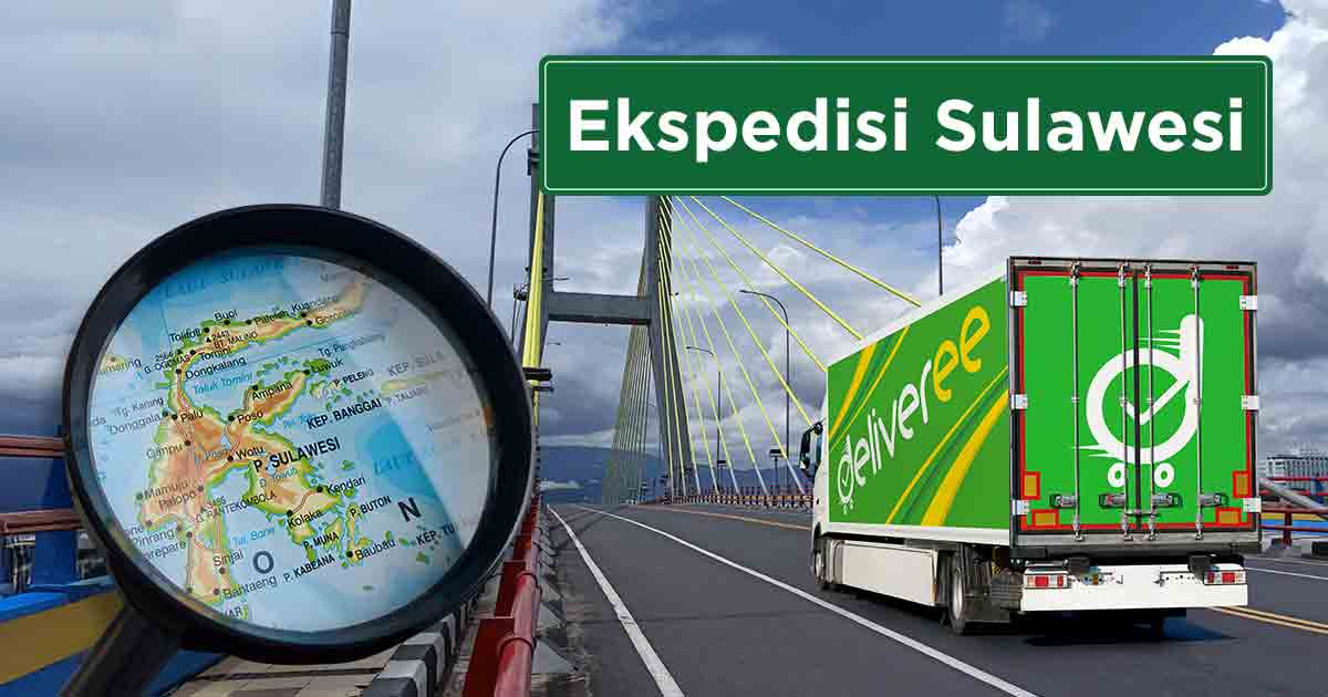 Peta Pulau Sulawesi dan truk Deliveree sebagai ilustrasi “Tarif Jasa Ekspedisi Sulawesi Terbaik, Termurah & Aman”