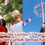 Anak-anak mengikuti lomba makan kerupuk dan pria memanjat pohon pinang dalam perayaan 17 Agustus sebagai ilustrasi “Tips Kirim Perlengkapan Lomba & Hiasan 17 Agustus”