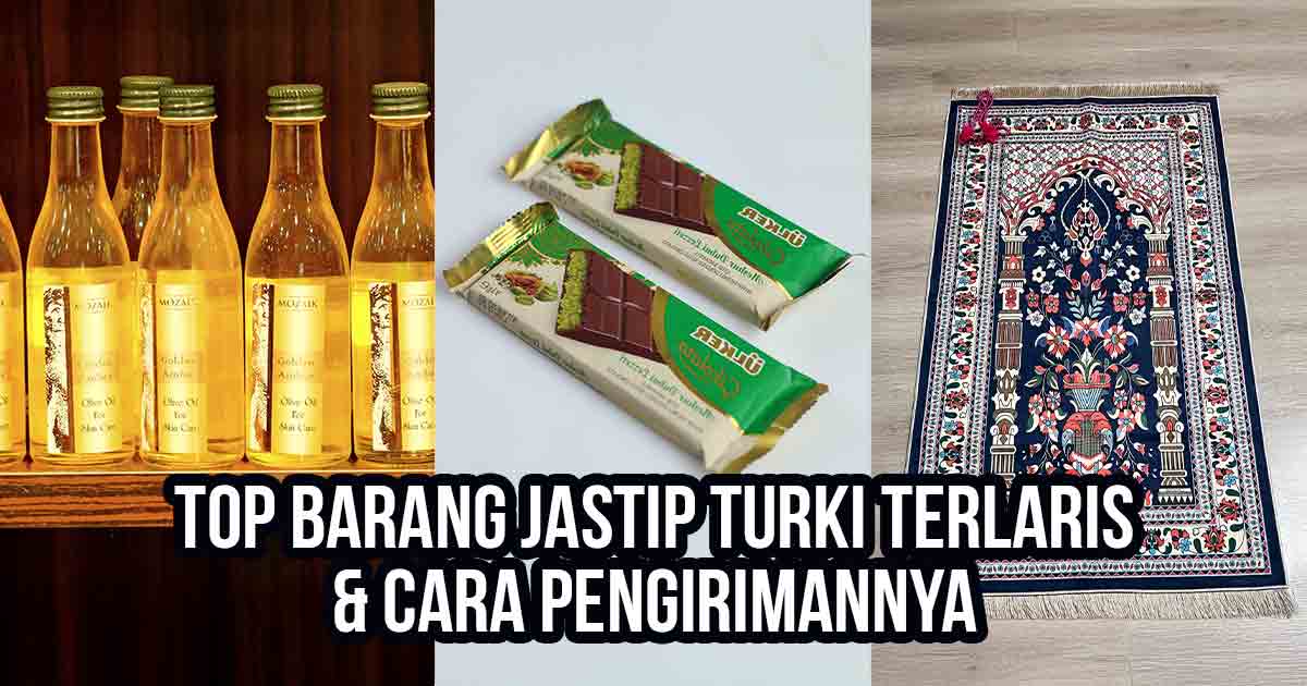 Tiga produk jastip Turki yaitu skincare minyak zaitun, cokelat Ülker, dan sajadah bermotif Ottoman sebagai ilustrasi “Top 8 Barang Jastip Turki Terlaris & Cara Pengirimannya”