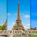 Tiga ikon wisata Eropa: Big Ben di London, Menara Eiffel di Paris, dan Menara Pisa di Italia dengan teks "Cara Kerja Jastip Eropa + Pengiriman Aman".