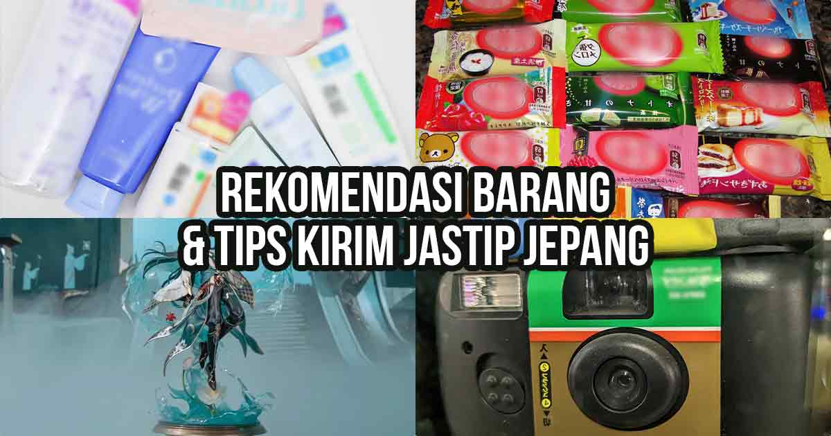 Kolase barang jastip Jepang populer seperti skincare, camilan KitKat Jepang, action figure, dan kamera sekali pakai.