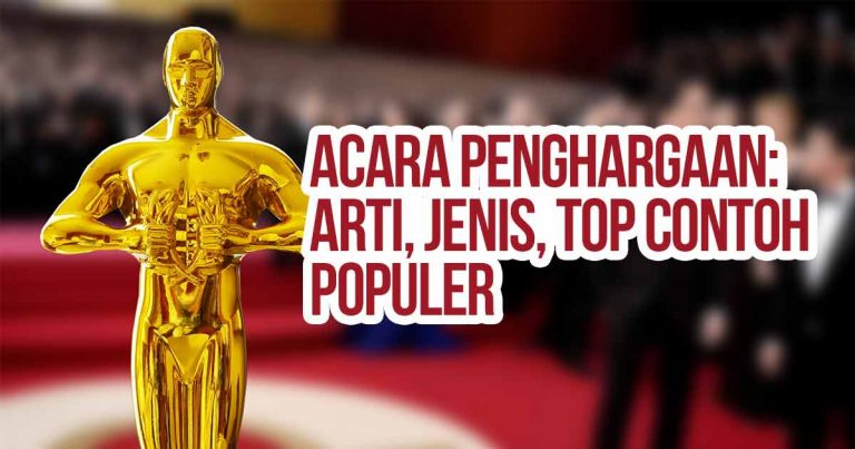 Patung piala berwarna emas di atas karpet merah dengan latar belakang orang-orang berpakaian formal dalam acara penghargaan sebagai ilustrasi “Acara Penghargaan: Arti, Jenis, Top 10 Contoh Populer”