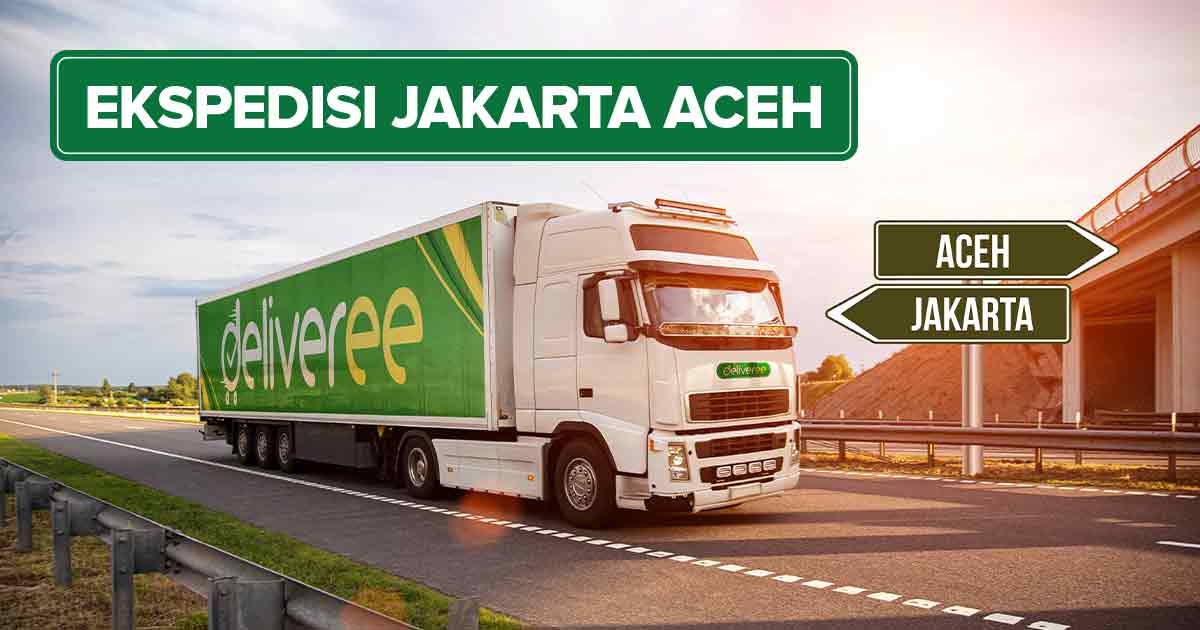 Truk Deliveree melaju di jalan tol dari Aceh menuju Jakarta dengan papan petunjuk arah hijau sebagai ilustrasi “Ekspedisi Jakarta Aceh Via Darat Murah dan Terpercaya”