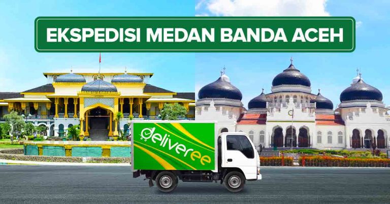 Kolase ekspedisi Medan ke Banda Aceh menampilkan Istana Maimun di Medan dan Masjid Raya Baiturrahman di Banda Aceh sebagai ilustrasi “Ekspedisi Medan ke Banda Aceh Termurah dan Terpercaya”