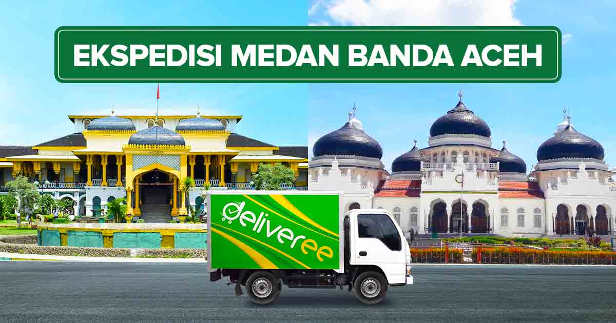 Kolase ekspedisi Medan ke Banda Aceh menampilkan Istana Maimun di Medan dan Masjid Raya Baiturrahman di Banda Aceh sebagai ilustrasi “Ekspedisi Medan ke Banda Aceh Termurah dan Terpercaya”