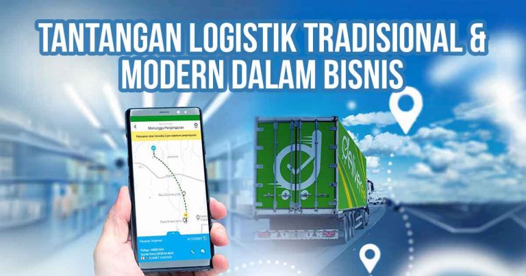 Perbandingan logistik modern dengan aplikasi pemesanan di smartphone dan truk pengiriman di jalan raya sebagai ilustrasi “Tantangan Logistik Tradisional & Modern dalam Bisnis”