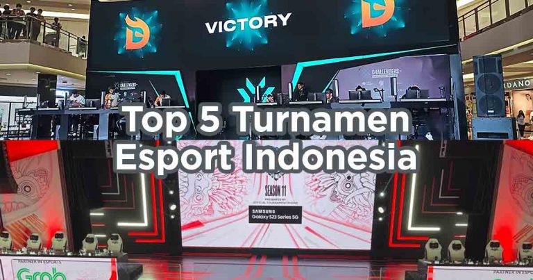 Panggung turnamen esport di Indonesia menampilkan pertandingan dan layar kemenangan tim, dengan branding liga profesional seperti MPL dan Challengers di lokasi mall.