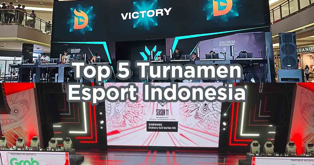 Panggung turnamen esport di Indonesia menampilkan pertandingan dan layar kemenangan tim, dengan branding liga profesional seperti MPL dan Challengers di lokasi mall.